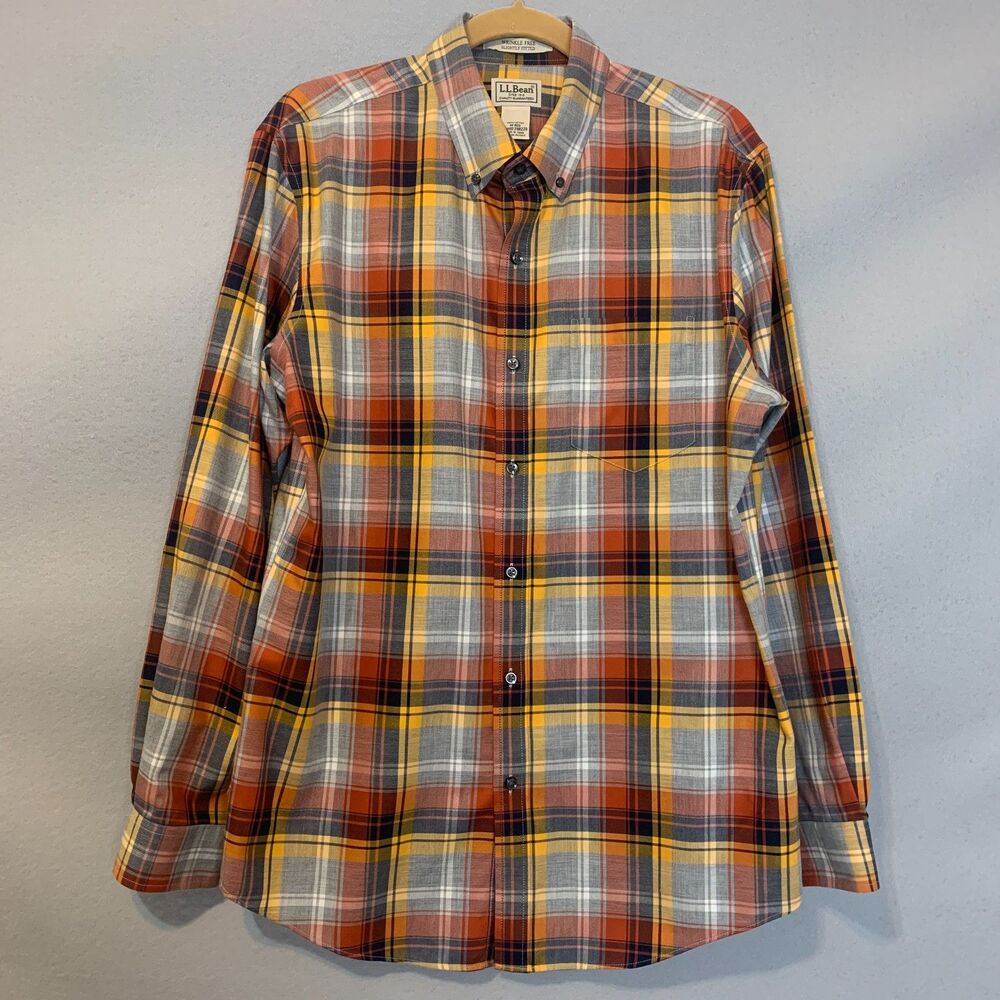 L.L.Bean Men’s Medium Long Sleeve Plaid Button-Down Shirt Autumn Gold Brick Rust